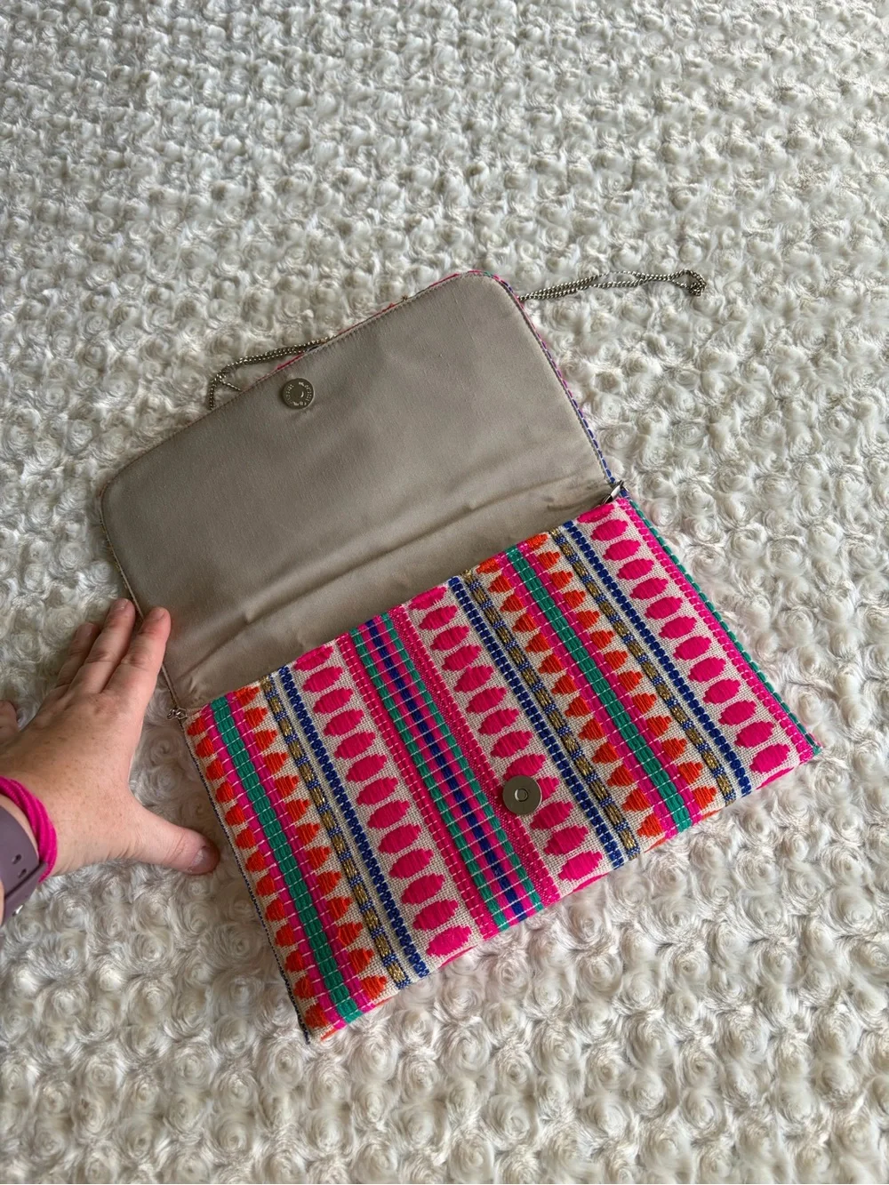New Charade Handwoven Pink Multicolor Pom-Pom Crossbody Clutch